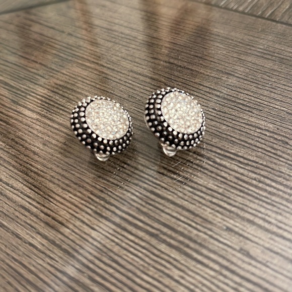Vintage Round Button Clip Earrings with Rhinestone Pave Centers - Picture 4 of 11